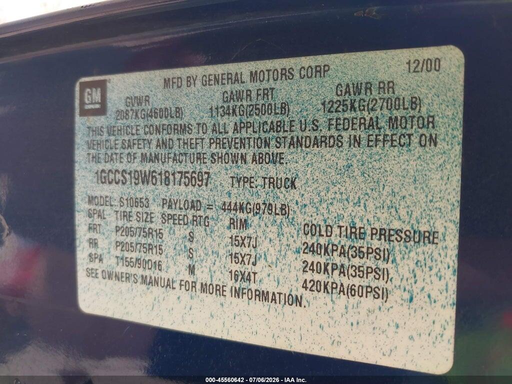 1GCCS19W618175697 2001 CHEVROLET S-10 photo no. 9