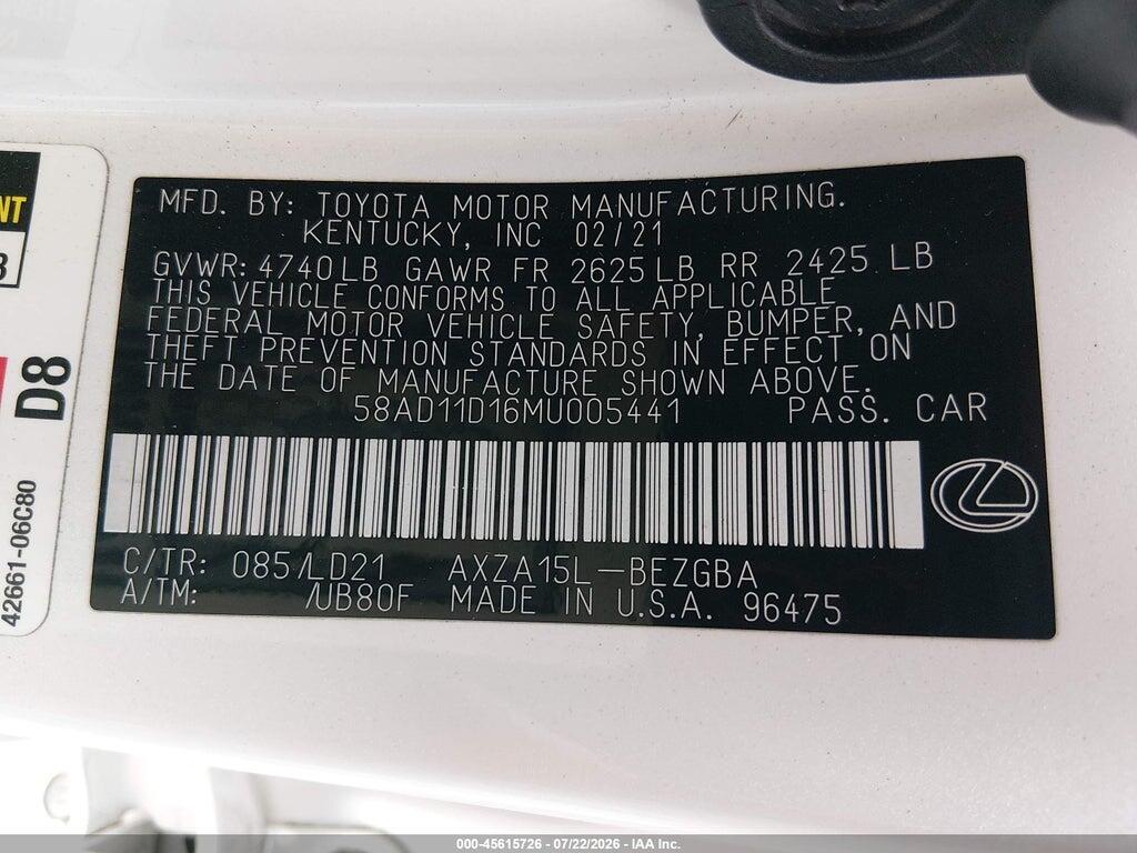 58AD11D16MU005441 2021 LEXUS ES 250 photo no. 9