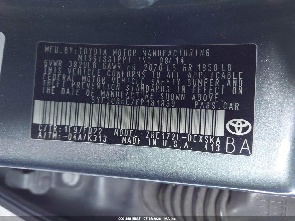 5YFBURHE7FP181839 2015 TOYOTA COROLLA photo no. 9