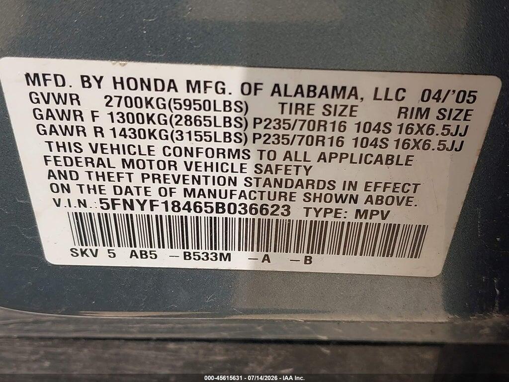 5FNYF18465B036623 2005 HONDA PILOT photo no. 9