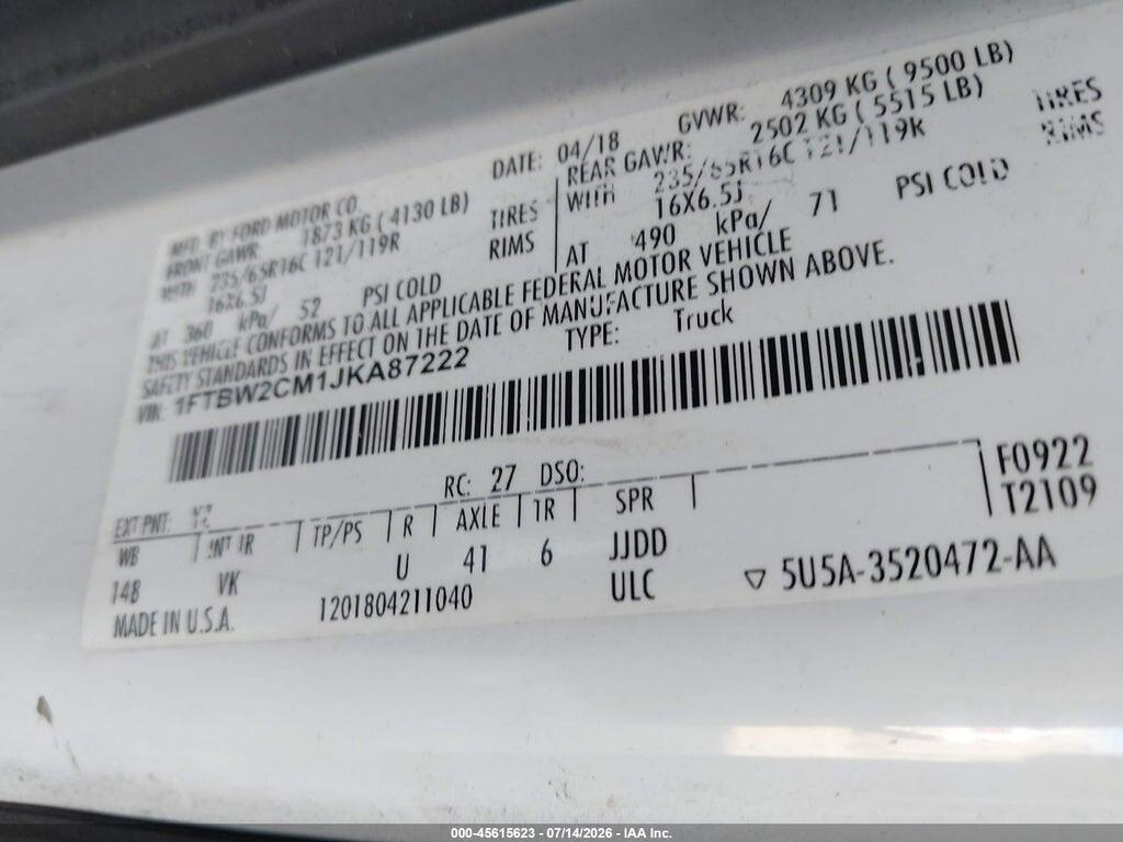 1FTBW2CM1JKA87222 2018 FORD TRANSIT-350 photo no. 9
