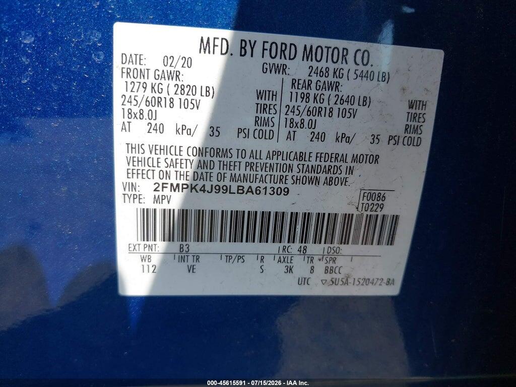2FMPK4J99LBA61309 2020 FORD EDGE photo no. 9