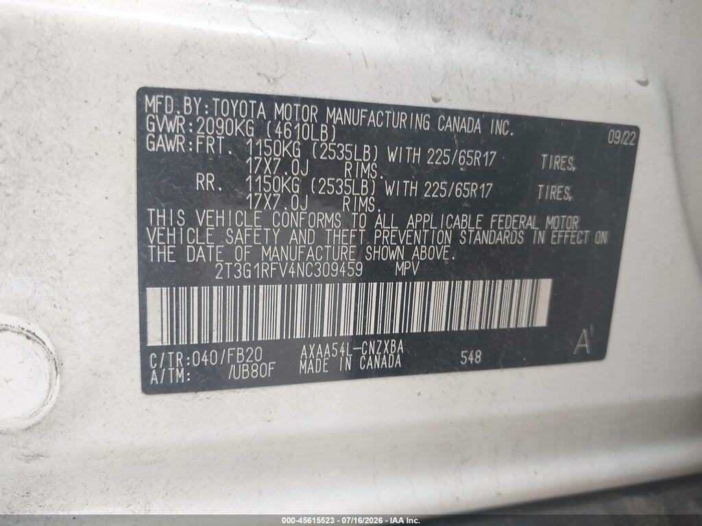 2T3G1RFV4NC309459 2022 TOYOTA RAV4 photo no. 9