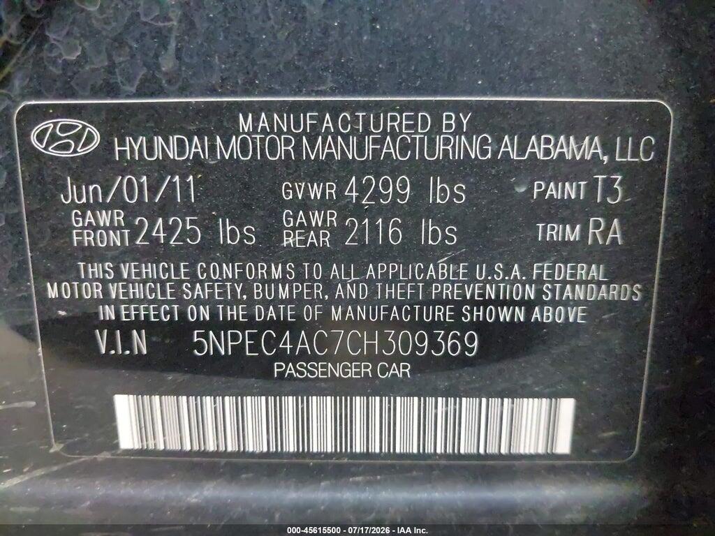 5NPEC4AC7CH309369 2012 HYUNDAI SONATA photo no. 9