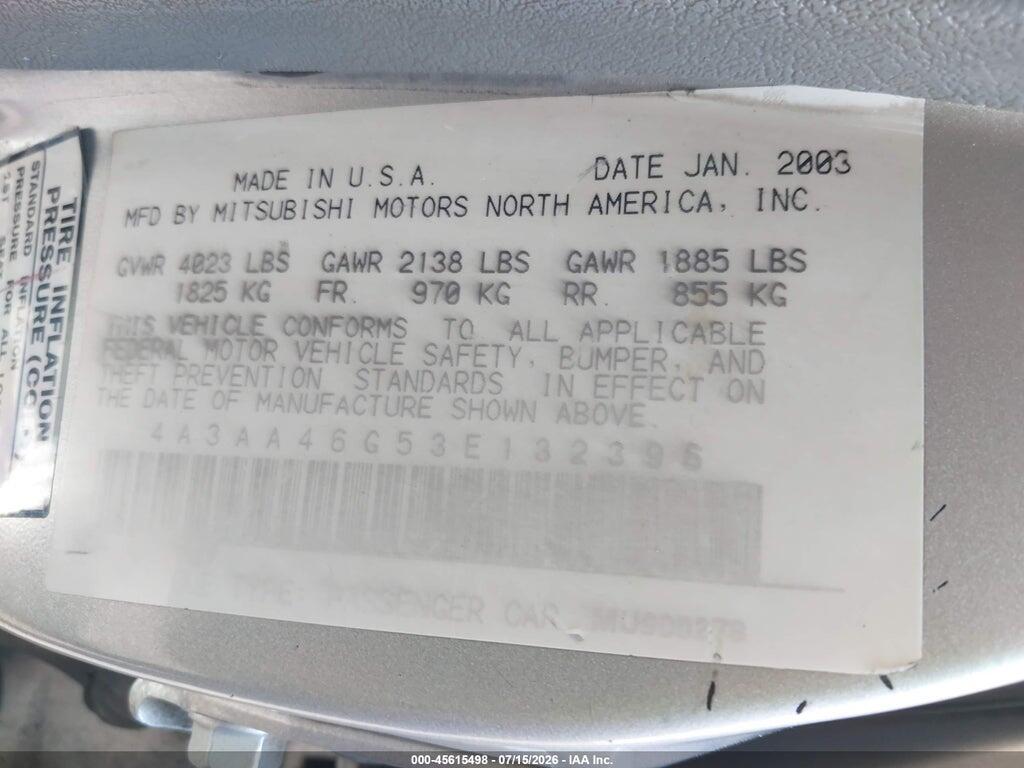 4A3AA46G53E132396 2003 MITSUBISHI GALANT photo no. 9