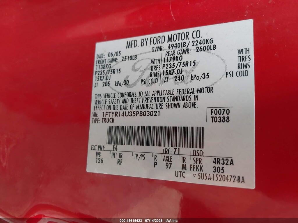 1FTYR14U35PB03021 2005 FORD RANGER photo no. 9