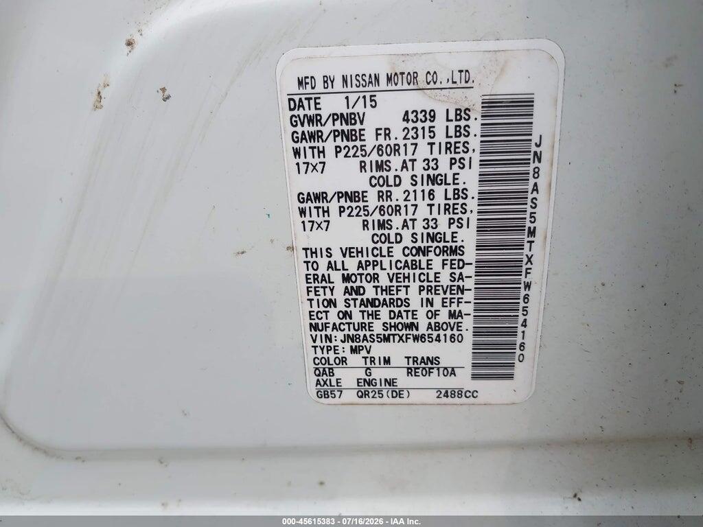 JN8AS5MTXFW654160 2015 NISSAN ROGUE SELECT photo no. 9
