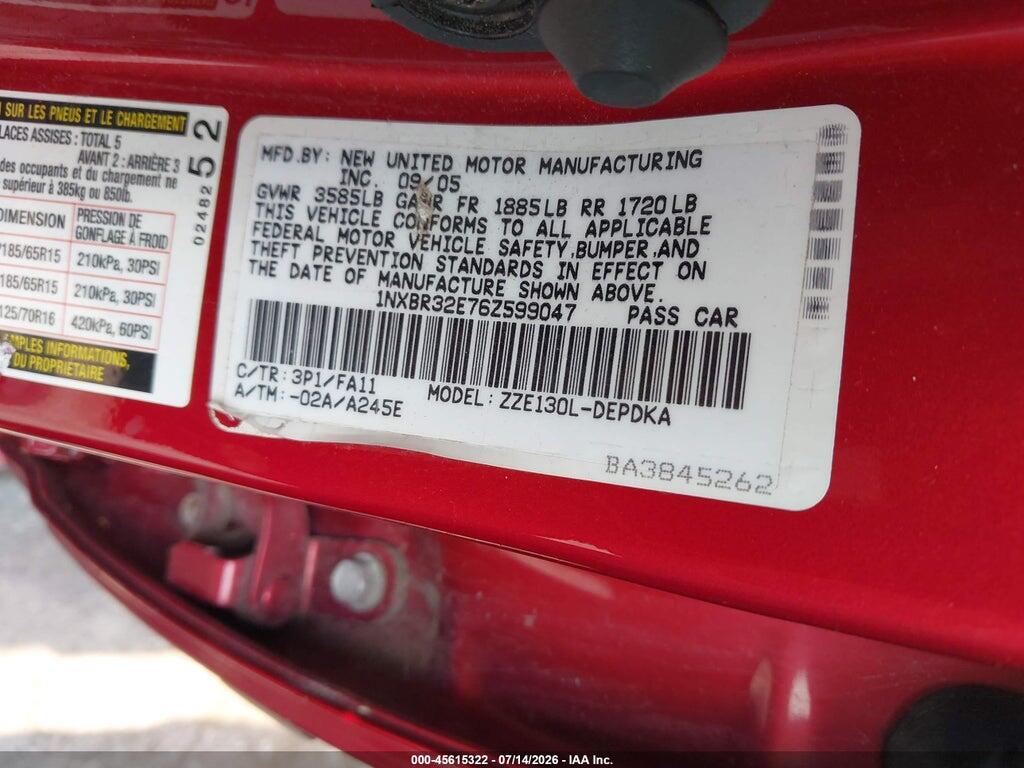 1NXBR32E76Z599047 2006 TOYOTA COROLLA photo no. 9