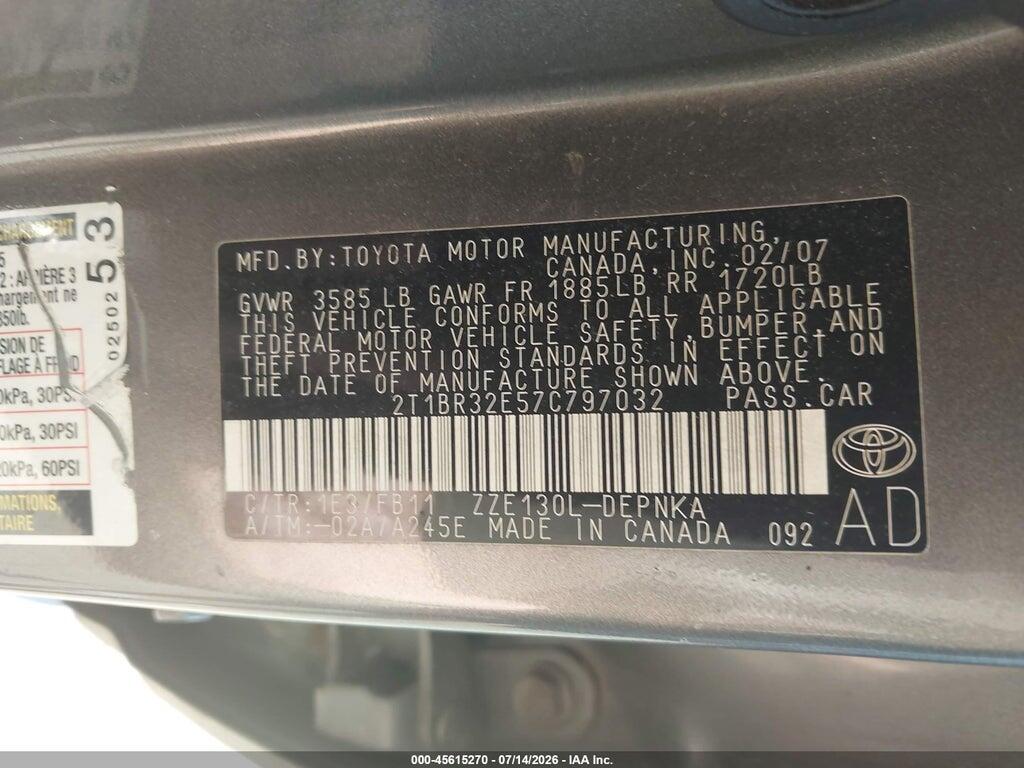 2T1BR32E57C797032 2007 TOYOTA COROLLA photo no. 9
