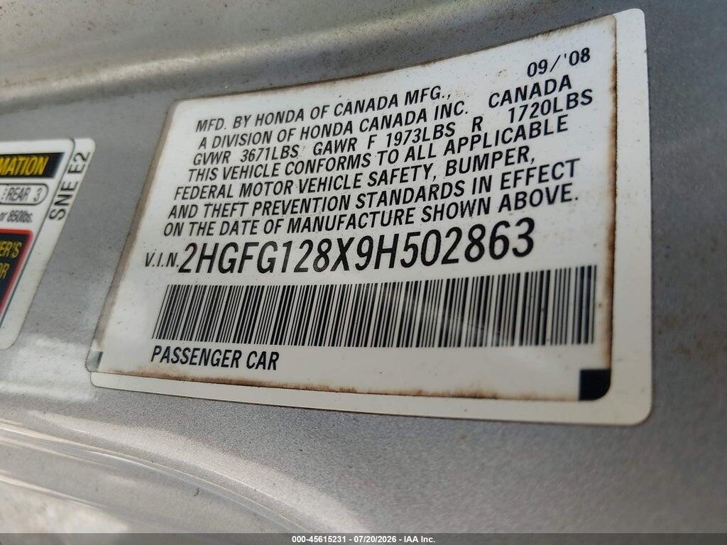 2HGFG128X9H502863 2009 HONDA CIVIC photo no. 9