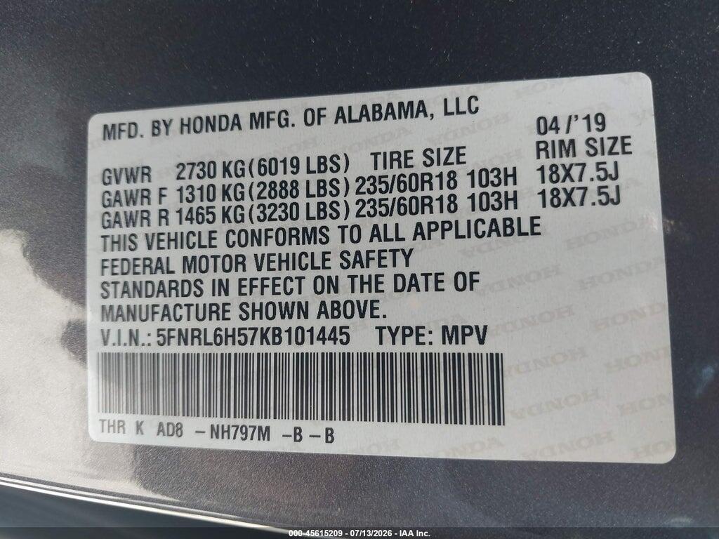 5FNRL6H57KB101445 2019 HONDA ODYSSEY photo no. 9