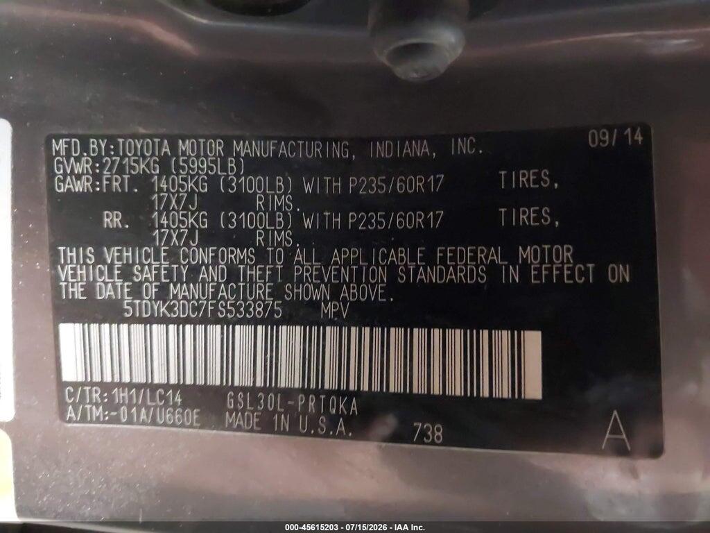 5TDYK3DC7FS533875 2015 TOYOTA SIENNA photo no. 9