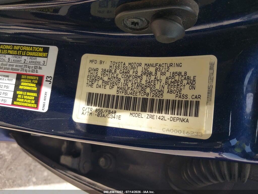 5YFBU4EE7CP012925 2012 TOYOTA COROLLA photo no. 9