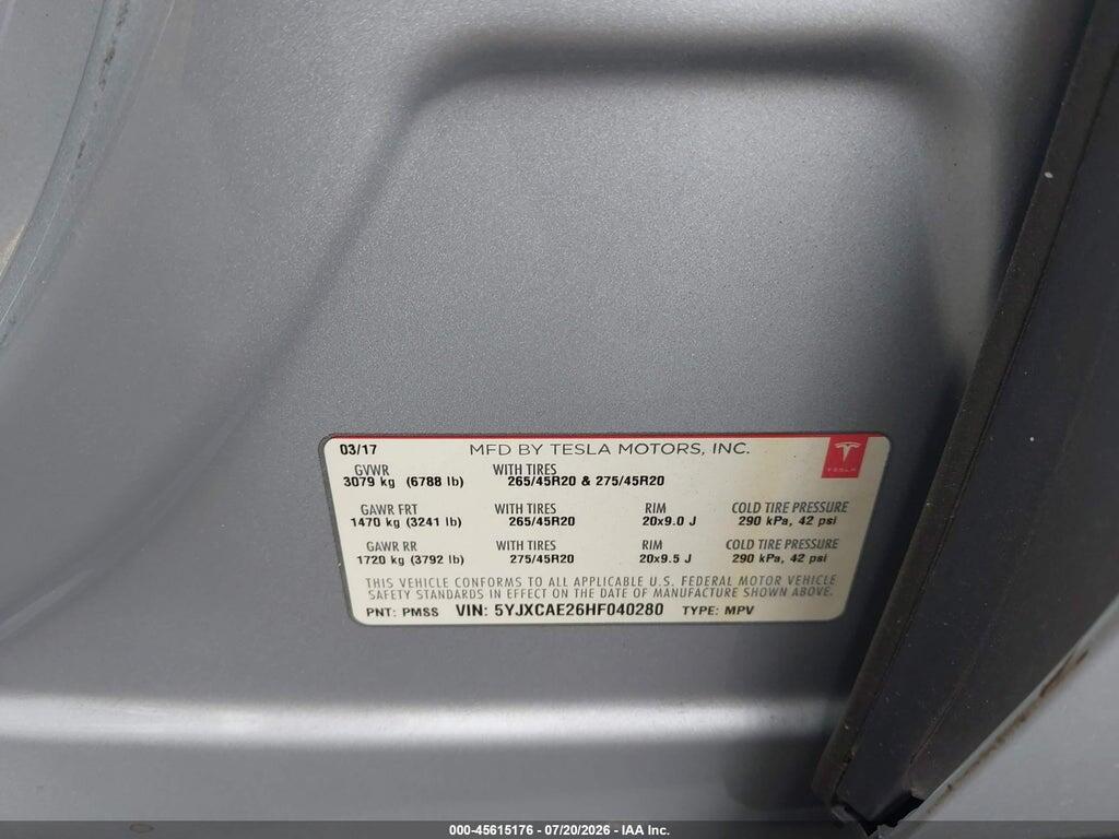 5YJXCAE26HF040280 2017 TESLA MODEL X photo no. 9