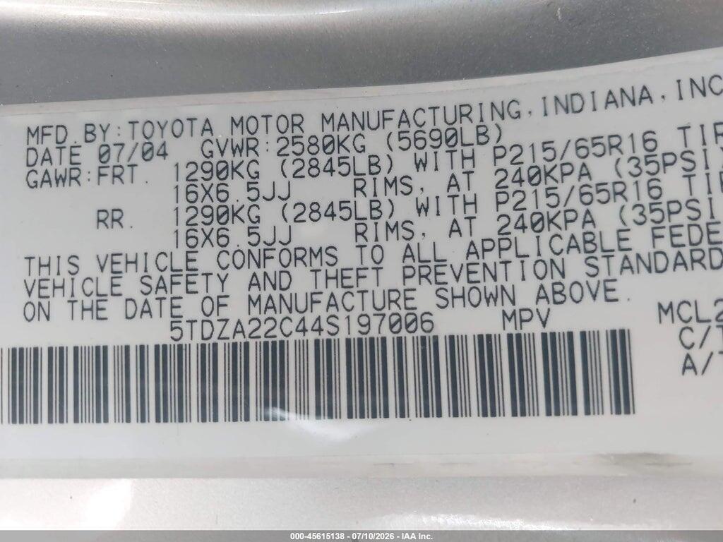 5TDZA22C44S197006 2004 TOYOTA SIENNA photo no. 9
