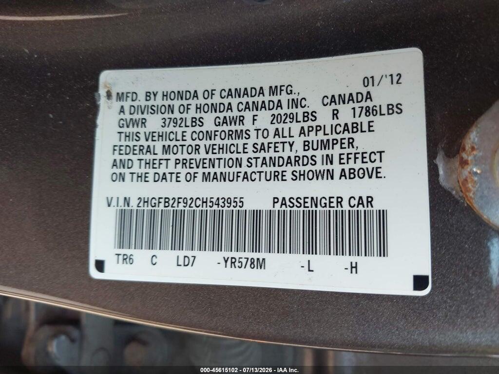 2HGFB2F92CH543955 2012 HONDA CIVIC photo no. 9