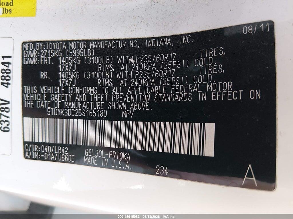 5TDYK3DC2BS165180 2011 TOYOTA SIENNA photo no. 9
