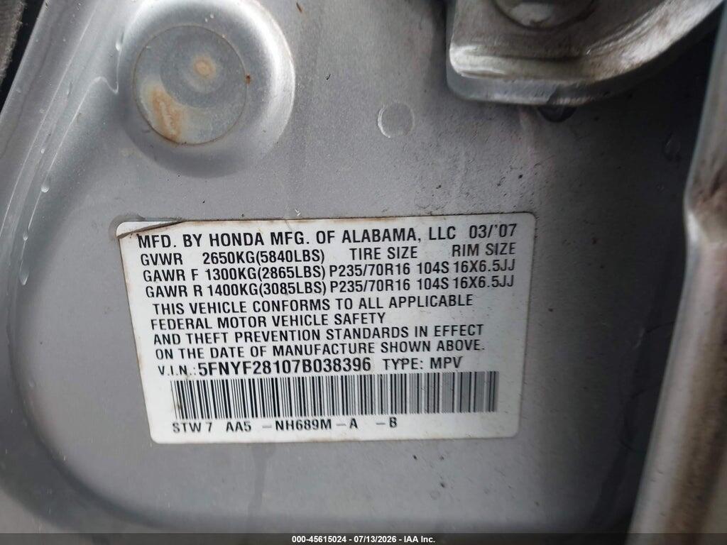 5FNYF28107B038396 2007 HONDA PILOT photo no. 9