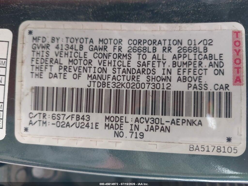 JTDBE32K020073012 2002 TOYOTA CAMRY photo no. 9