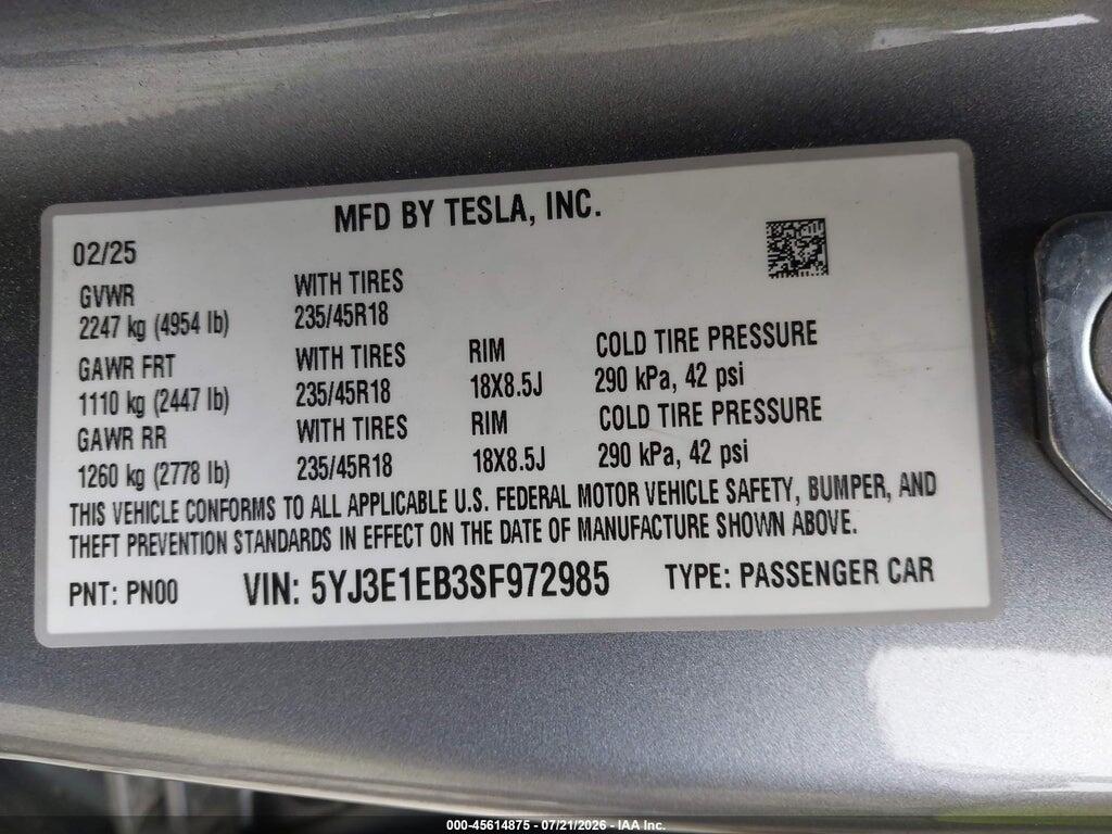 5YJ3E1EB3SF972985 2025 TESLA MODEL 3 photo no. 9