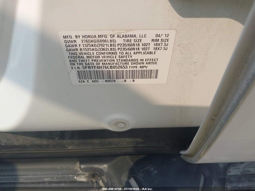 5FNYF4H76CB052653 2012 HONDA PILOT photo no. 9