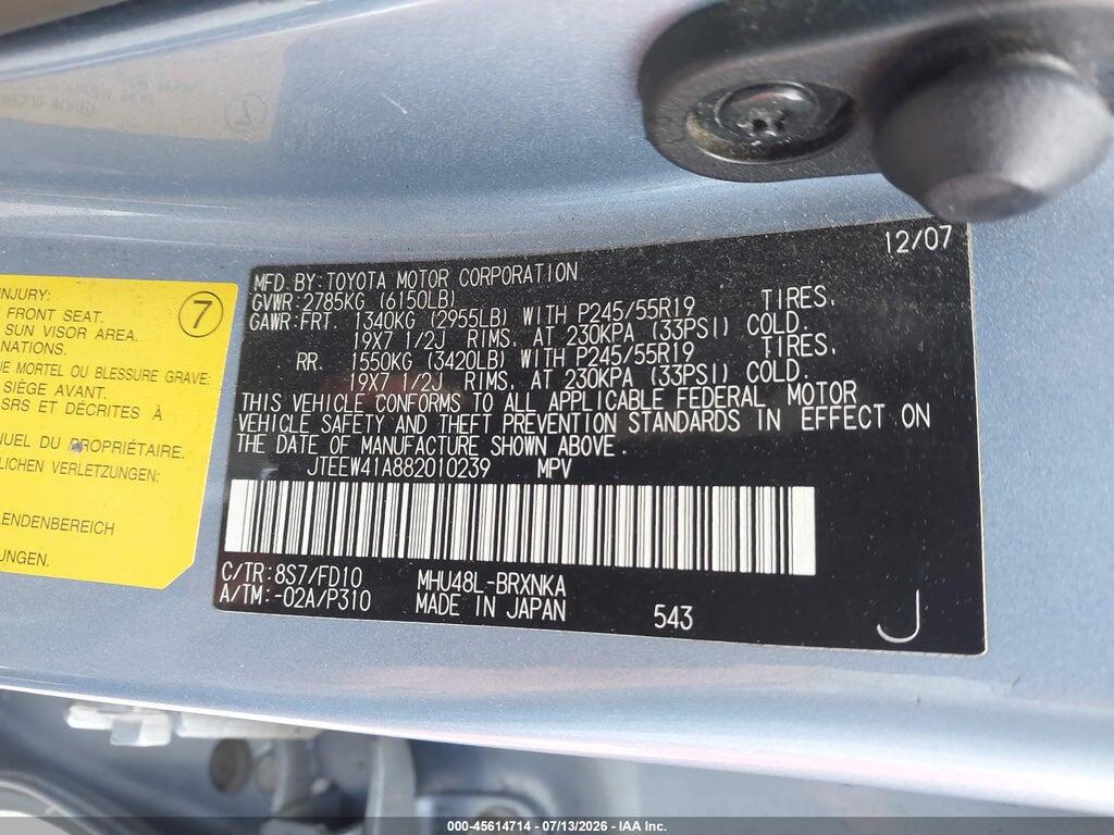 JTEEW41A882010239 2008 TOYOTA HIGHLANDER HYBRID photo no. 9