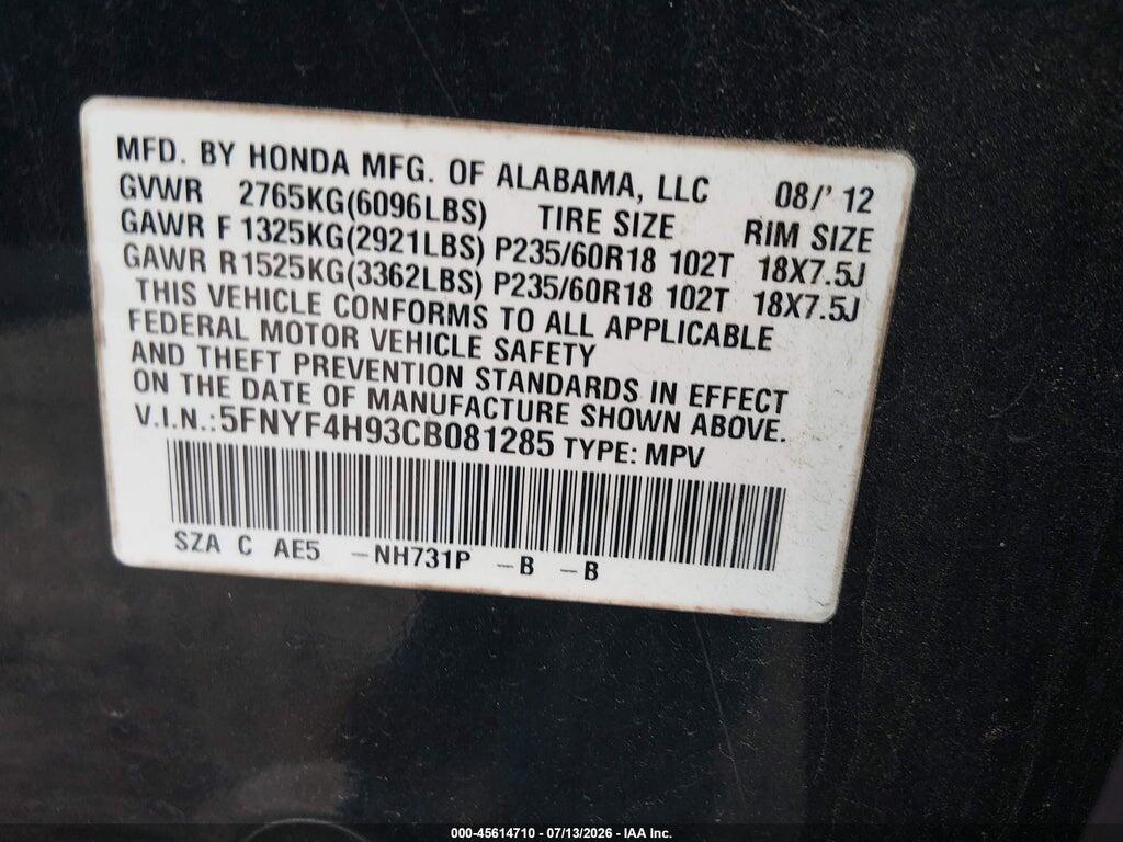 5FNYF4H93CB081285 2012 HONDA PILOT photo no. 9
