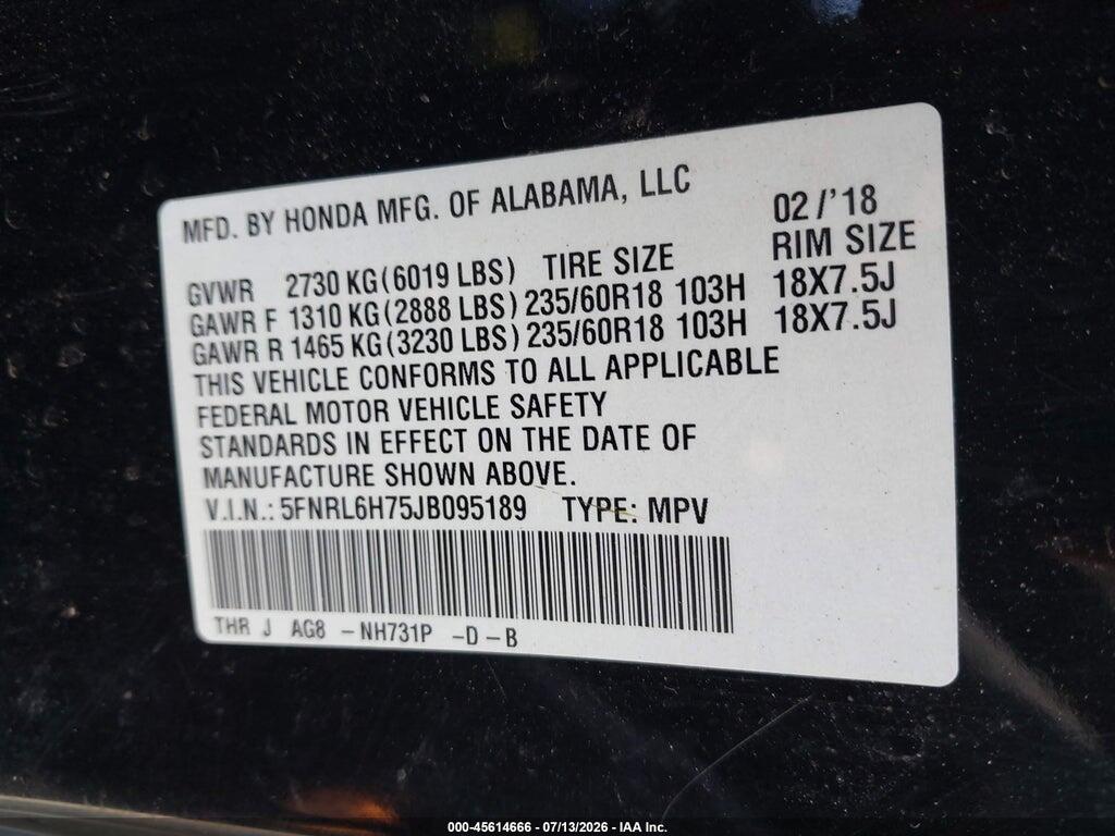 5FNRL6H75JB095189 2018 HONDA ODYSSEY photo no. 9