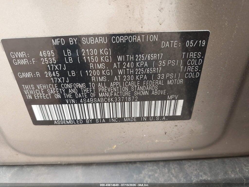 4S4BSABC6K3371872 2019 SUBARU OUTBACK photo no. 9