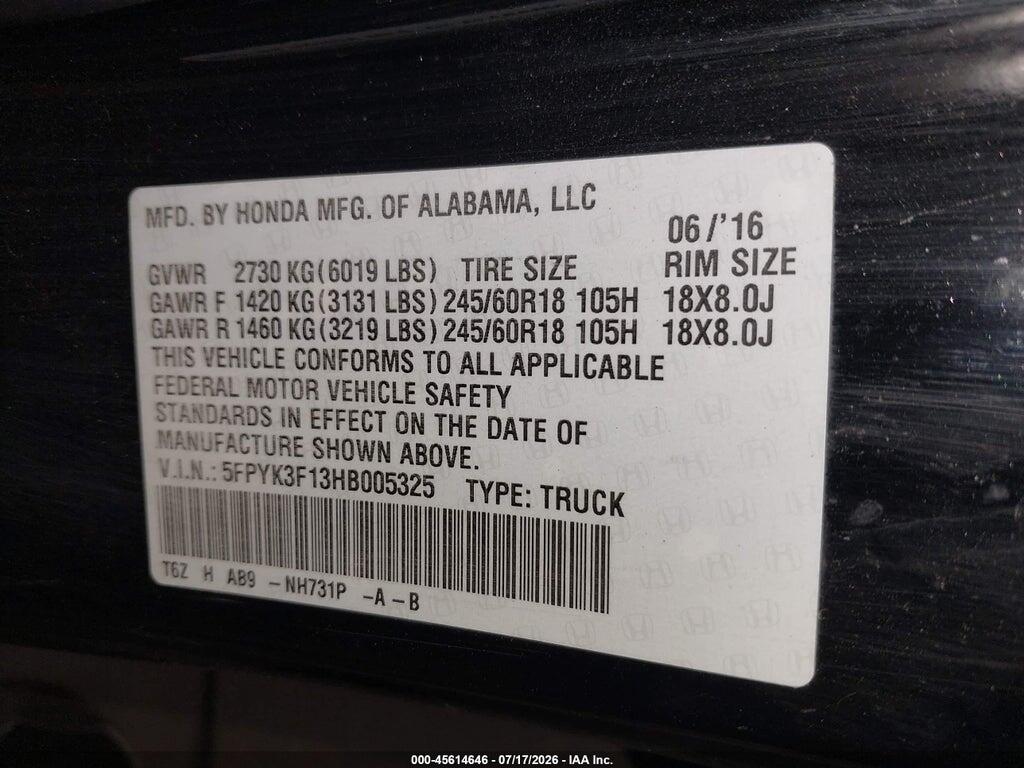 5FPYK3F13HB005325 2017 HONDA RIDGELINE photo no. 9