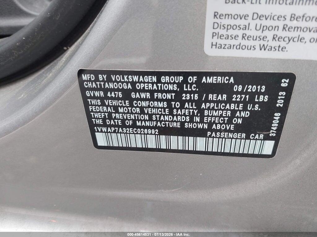 1VWAP7A32EC026992 2014 VOLKSWAGEN PASSAT photo no. 9