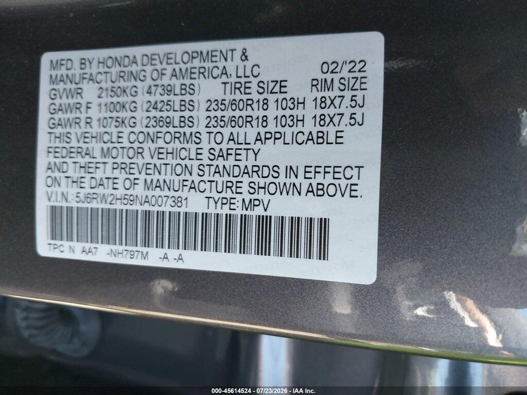 5J6RW2H59NA007381 2022 HONDA CR-V photo no. 9