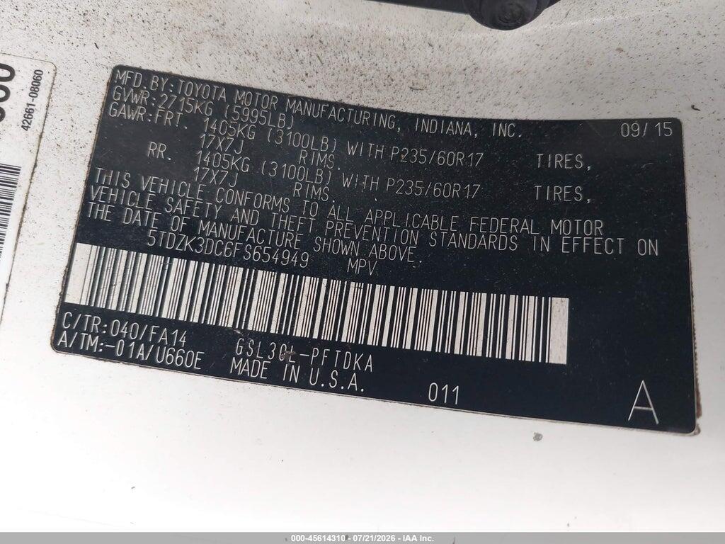 5TDZK3DC6FS654949 2015 TOYOTA SIENNA photo no. 9