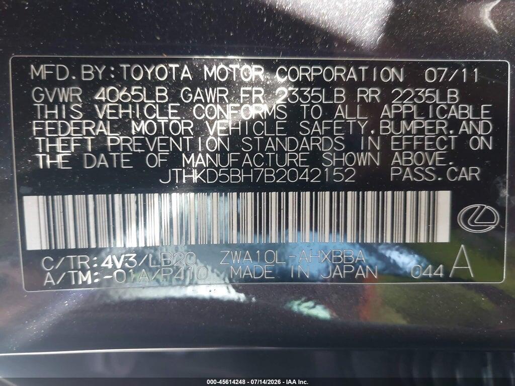 JTHKD5BH7B2042152 2011 LEXUS CT 200H photo no. 9