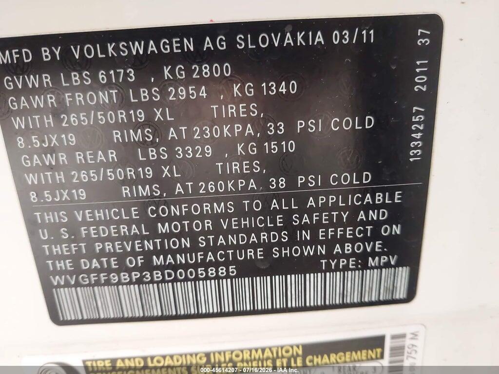 WVGFF9BP3BD005885 2011 VOLKSWAGEN TOUAREG photo no. 9