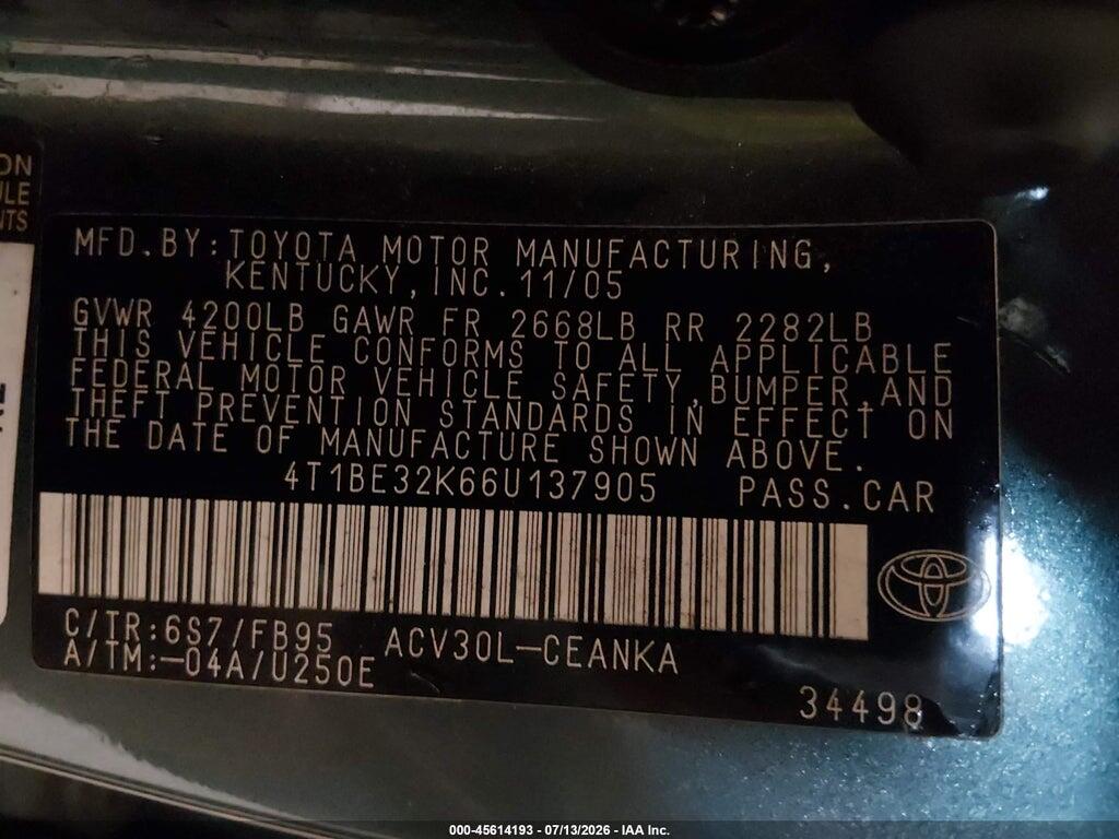 4T1BE32K66U137905 2006 TOYOTA CAMRY photo no. 9