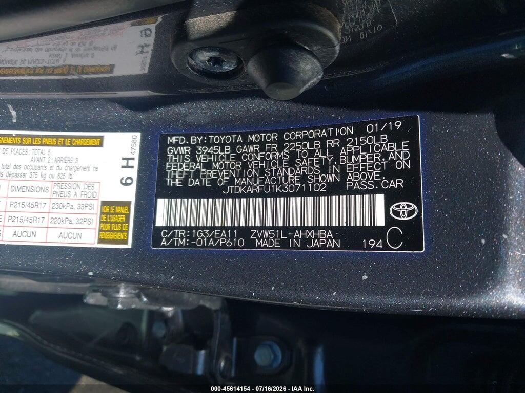 JTDKARFU1K3071102 2019 TOYOTA PRIUS photo no. 9