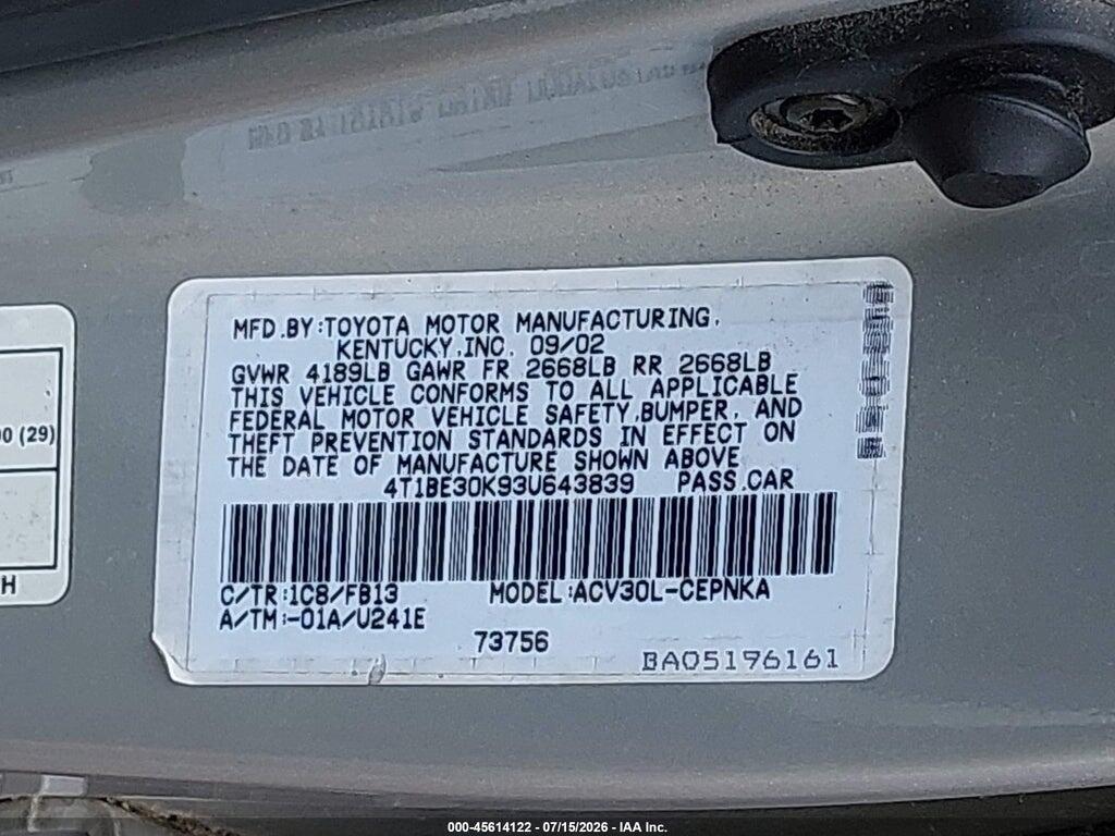 4T1BE30K93U643839 2003 TOYOTA CAMRY photo no. 9