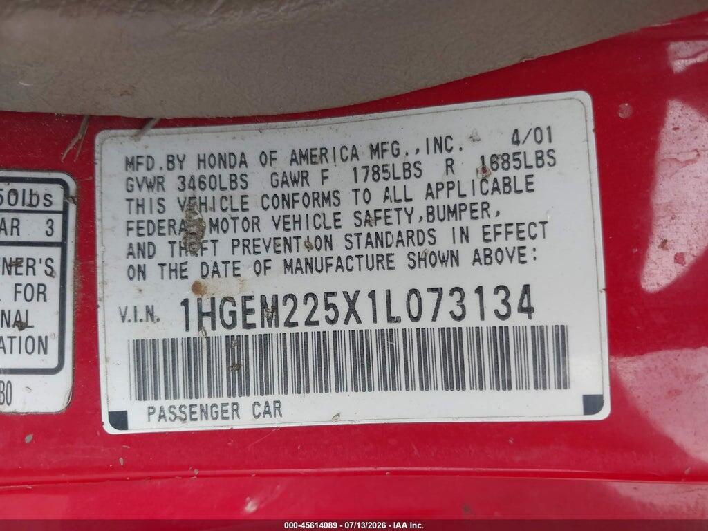 1HGEM225X1L073134 2001 HONDA CIVIC photo no. 9