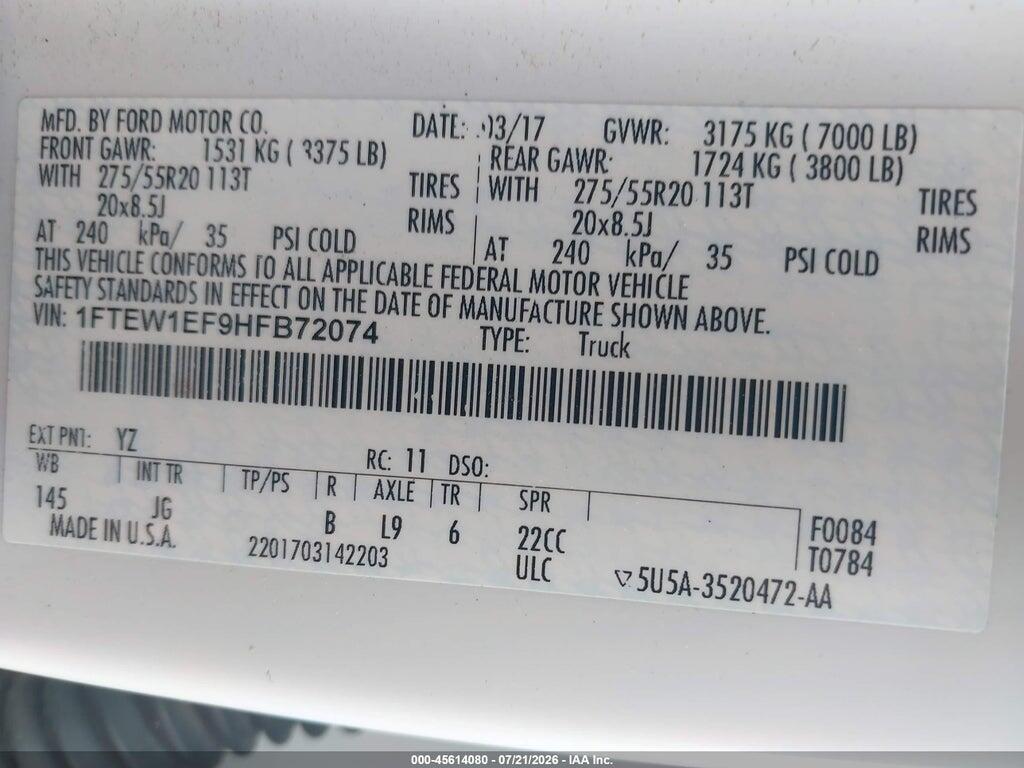 1FTEW1EF9HFB72074 2017 FORD F-150 photo no. 9