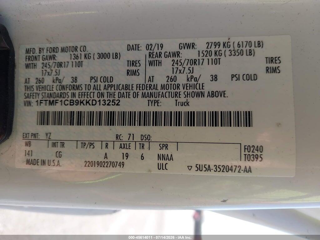 1FTMF1CB9KKD13252 2019 FORD F-150 photo no. 9