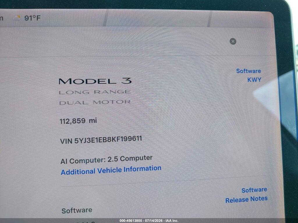5YJ3E1EB8KF199611 2019 TESLA MODEL 3 photo no. 7