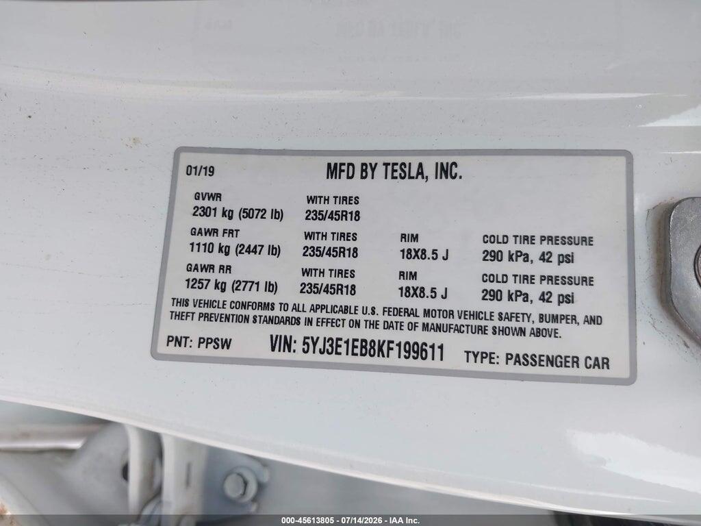 5YJ3E1EB8KF199611 2019 TESLA MODEL 3 photo no. 9