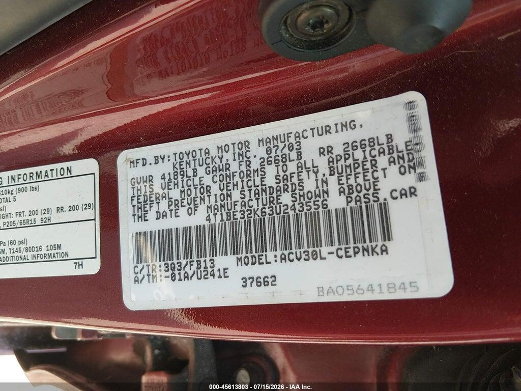 4T1BE32K63U243556 2003 TOYOTA CAMRY photo no. 9