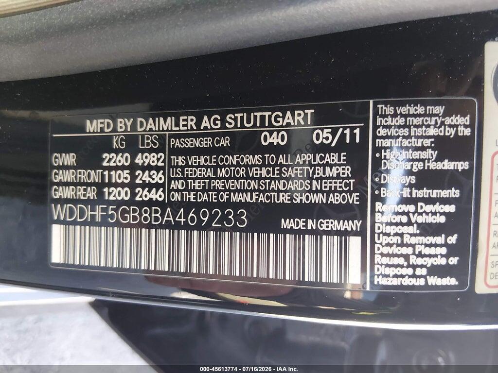 WDDHF5GB8BA469233 2011 MERCEDES-BENZ E photo no. 9
