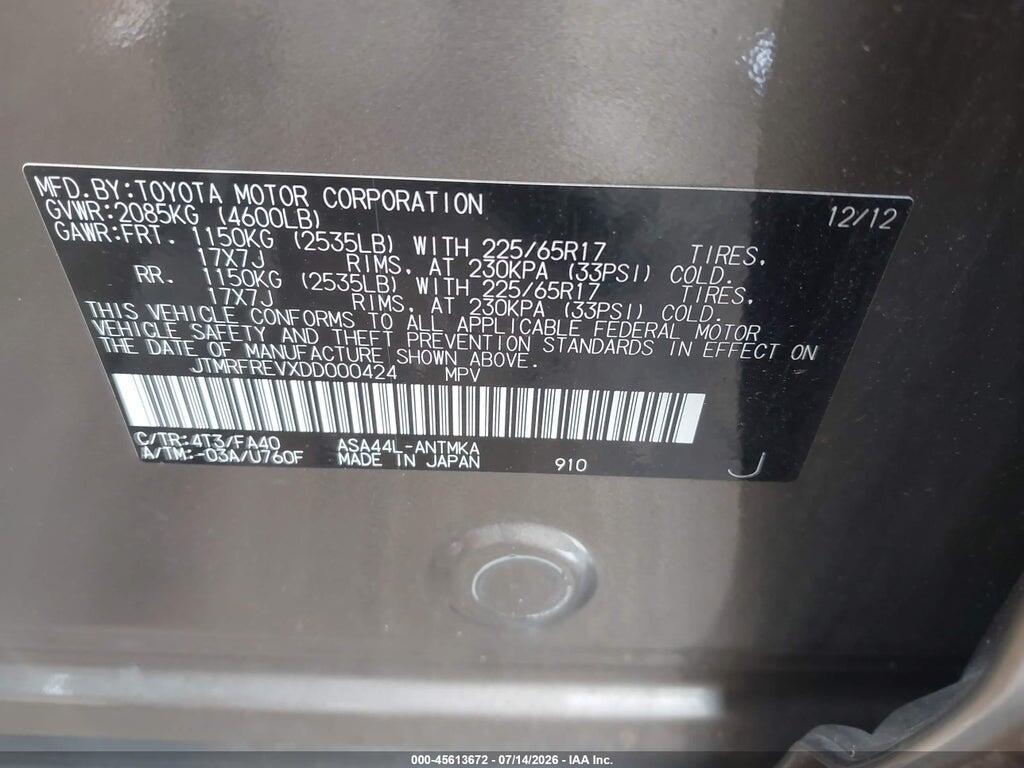 JTMRFREVXDD000424 2013 TOYOTA RAV4 photo no. 9