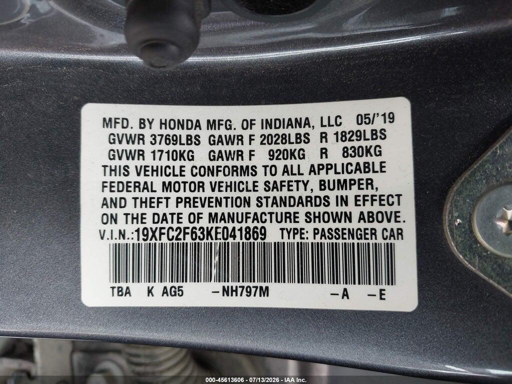19XFC2F63KE041869 2019 HONDA CIVIC photo no. 9