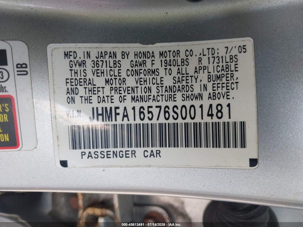 JHMFA16576S001481 2006 HONDA CIVIC photo no. 9