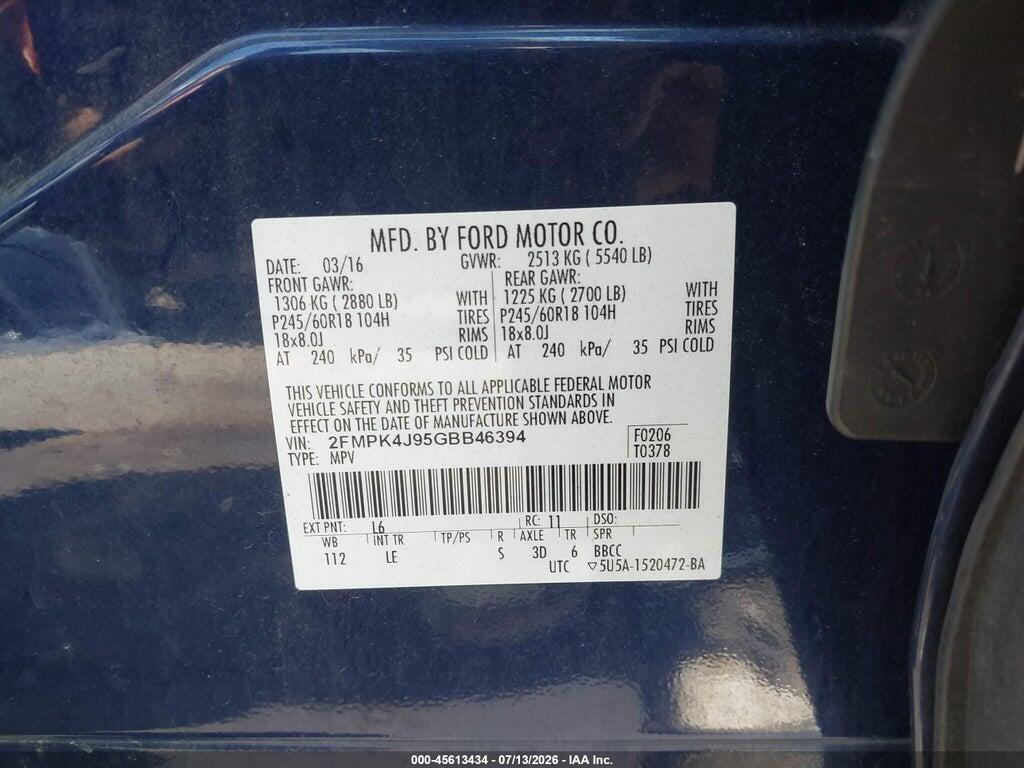 2FMPK4J95GBB46394 2016 FORD EDGE photo no. 9