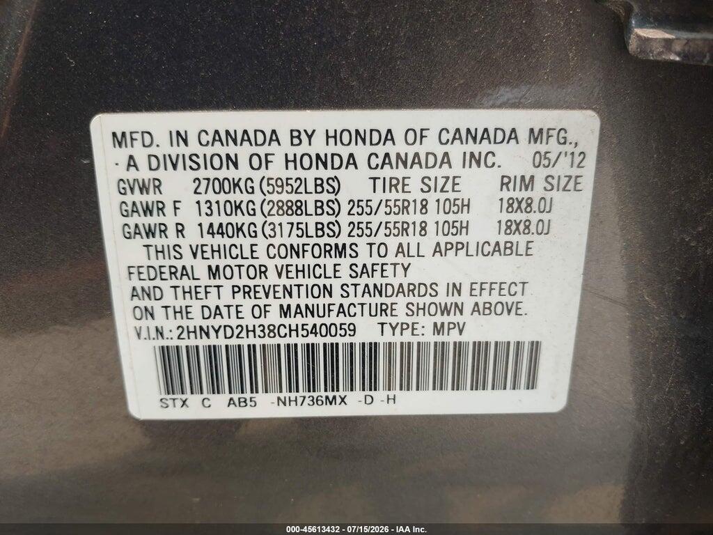 2HNYD2H38CH540059 2012 ACURA MDX photo no. 9